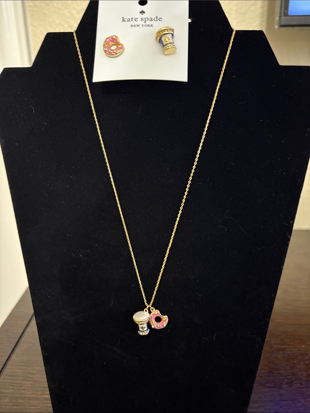 kate spade Gold Necklace and Earrywith Pink Donut and White Cup Charms